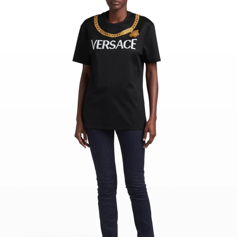 Versace Logo Chain Necklace Embroidered T-Shirt